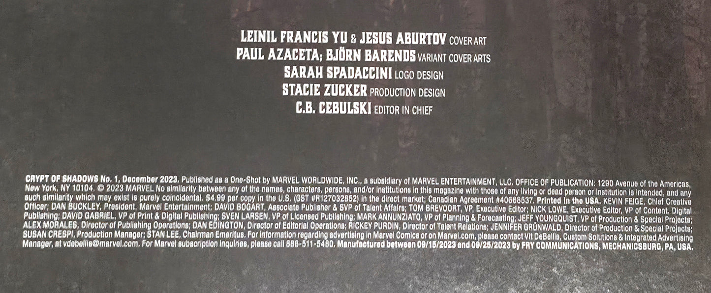 Crypt of Shadows #1 (2023) Variant Edition 1:25 Bjorn Barends NEAR MINT Marvel